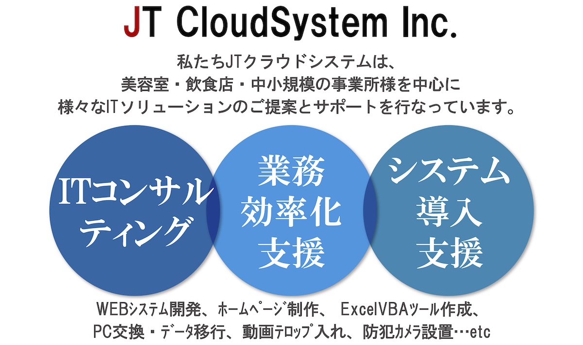 JT CloudSystem Inc. 私たちJTクラウドシステムは、美容室・飲食店・中小規模の事業所様を中心に様々なITソリューションのご提案とサポートを行っています。「ITコンサルティング」「業務効率化支援」「システム導入支援」WEBシステム開発、ホームページ制作、ExcelVBAツール作成、PC交換・データ移行、動画テロップ入れ、防犯カメラ設置...etc